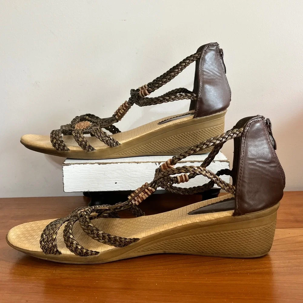 Forever Link Womens Brown Braided Wedge Sandals Boho Beaded Strappy Size 10